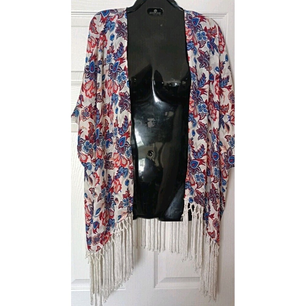 Forever 21 Fringe Kimono Cover Up Size Medium Boho Floral Festival Chiffon